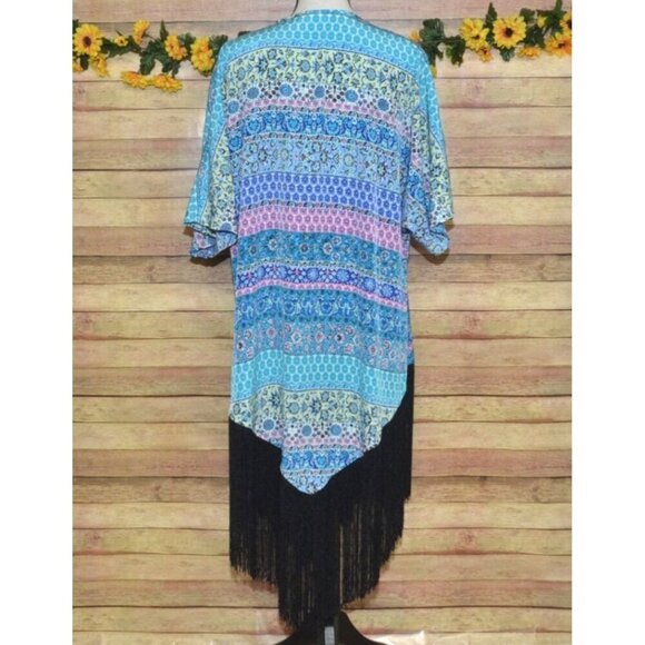 Liberty Love Blue Floral Cardigan Kimono Jacket Size L Long Fringe Festival Boho - Picture 9 of 14